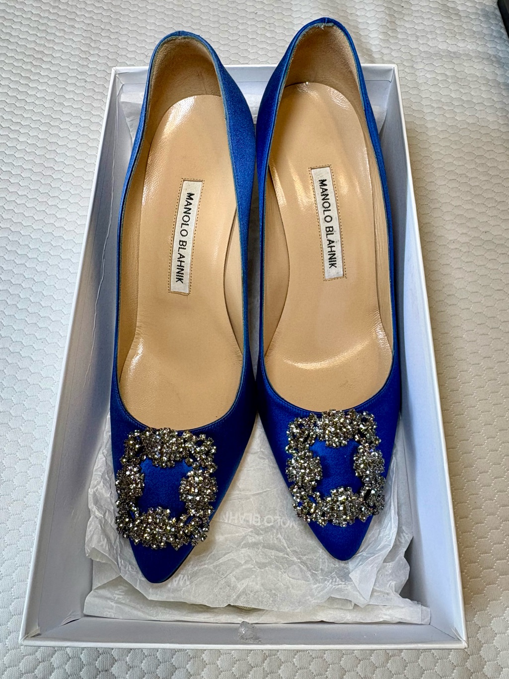 Manolo Blahnik Royal Blue Satin Pointed Toe Flats With Crystal Buckle